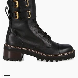 See by Chloe - Black Leather Lace-Up Combat Boots with Gold Buckles - Women 38